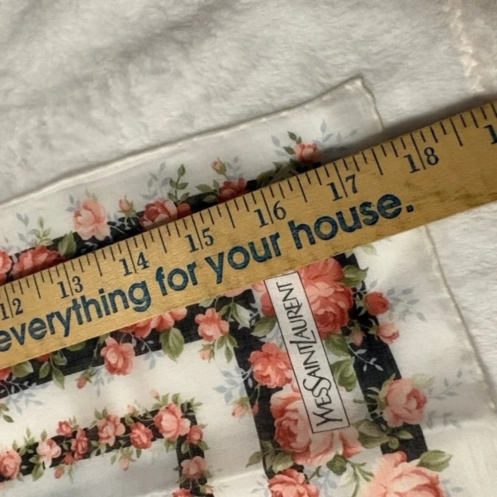 Vtg YVES SAINT LAURENT Scarf Handkerchief Floral Rose Cotton White 19.5